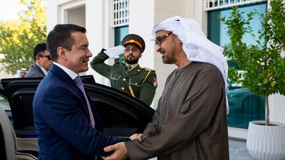 President Sheikh Mohamed with Daniel Noboa, President of Ecuador, at Qasr Al Bahr in Abu Dhabi. UAE Presidential Court