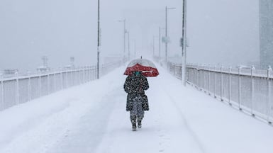 'I get the news I need on the weather report': The Brooklyn Bridge is almost deserted during a winter storm over New York City on February 23. The National Weather Service said 38 centimetres fell across the Greater New York area on Monday. AFP