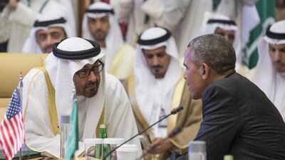 Sheikh Mohammed bin Zayed speaks with US president Barack Obama during the GCC-US Summit in Riyadh in April. Ryan Carter / Crown Prince Court — Abu Dhabi