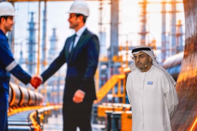 Omar Abdulla Al Nuaimi, Adnoc’s group chief for commercial and in-country value, speaks at the Make it Adnoc Forum. Ryan Lim for The National