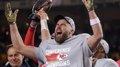 Kansas City Chiefs tight end Travis Kelce celebrates after the NFL AFC Championship playoff football game against the Cincinnati Bengals. The Chiefs won 23-20. AP Photo