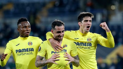 Villareal's Paco Alcacer, centre, celebrates his goal. PA