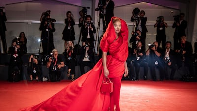 Tessa Thompson dons a striking couture hooded Elie Saab gown for the 'Bardo' premiere at the Venice International Film Festival on September 1. AP Photo