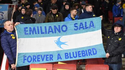 Cardiff City supporters display tributes for Argentine striker Emiliano Sala, who went missing on January 21, 2019 after a light aircraft he was travelling in disappeared over the English Channel. EPA