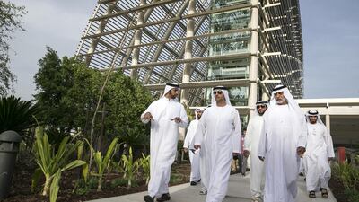 Sheikh Hazza bin Zayed, National Security Adviser and vice chairman of the Abu Dhabi Executive Council, visits the Mushrif Central Park with Sheikh Nahyan bin Mubarak, Minister for Culture, Youth and Community Development, and Sultan Khalfan Alktebi, vice chairman of Al Ain Holding. Silvia Razgova / The National