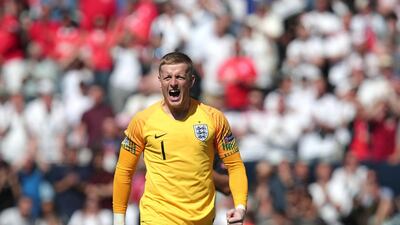 England goalkeeper Jordan Pickford reacts at the end their Uefa Nations League third-place play-off win against Switzerland. Luis Vieira / AP Photo
