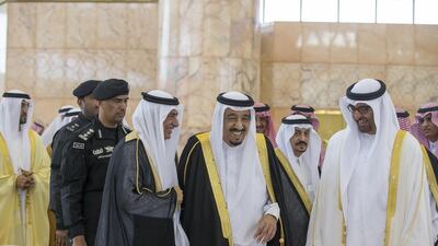Sheikh Mohammed bin Zayed, Crown Prince of Abu Dhabi and Deputy Supreme Commander of the UAE Armed Forces, meets with Saudi Arabia's King Salman in Riyadh on February 16, 2015. Mohamed Al Hammadi/Crown Prince Court – Abu Dhabi