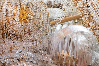 An installation from an exhibition at Riyadh's Red Palace using old chandeliers