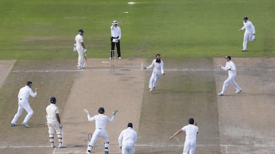 With Stuart Broad injured, Moeen Ali, centre right, stepped up again to lead England’s bowling charge against India. Jon Super / AP Photo