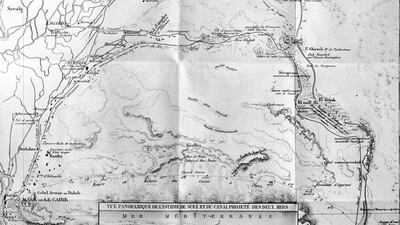 The Isthmus of Suez with the plan of the Canal of two Seas and of the diverted auxiliary canal of the Nile. From the pilot study of Misters Linant Bey and Mougel Bey, engineers of viceroy of Egypt, 1855. In 1809 topographical data on the Suez Canal was published by French academics in Description de l'Égypte. Contained one of the first maps of the Suez Canal, and formed the basis for an early French plan to construct a canal, later abandoned. Fieldwork was conducted during Napoleon's 1798 – 1801 military campaign in Egypt. Napoleon's surveyers incorrectly believed that the Red Sea was 9 metres higher than the Mediterranean sea, making construction impossible. Roger Viollet Collection / Getty Images
