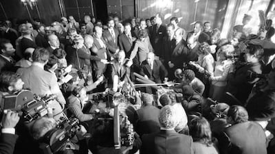 Secretary-General Kurt Waldheim speaks to correspondents and answers their queries, upon his arrival at Cairo Airport on 2 February. Seated next to him is Ismail Fahmy, Deputy Premier and Minster for Foreign Affairs of Egypt.