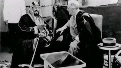 Franklin D Roosevelt talks with King Abdulaziz aboard the USS Quincy on February 14, 1945. AP Photo.