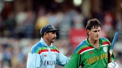 Graham Gooch of England sympathises with Brian McMillan of South Africa after their controversial win in the 1992 World Cup semi-final at the SCG in Sydney. Allsport