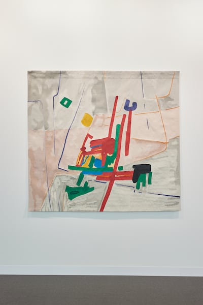 The exhibit also includes several examples of Adnan’s hand-woven wool tapestries, inspired by the Arab tradition of woven craft. Photo: Sfeir-Semler Gallery Beirut