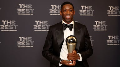 Ousmane Dembele with the trophy at the Fifa Best Awards in Doha. Getty Images