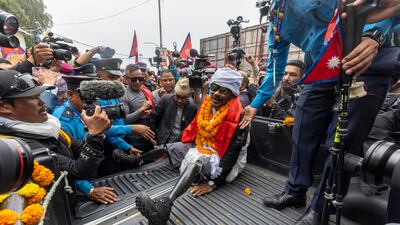 Double-amputee climber Hari Budha Magar, 43, returns to Kathmandu, Nepal after climbing Mount Everest. EPA