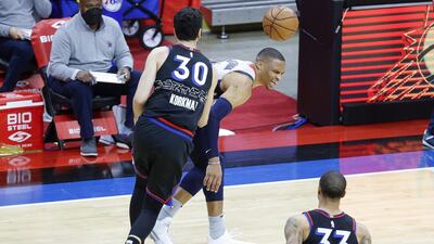 Russell Westbrook of the Washington Wizards winces during the fourth quarter against the Philadelphia 76ers during Game Two of the Eastern Conference first round at Wells Fargo Centre. AFP