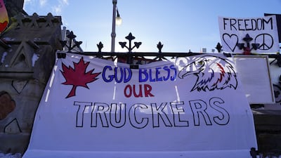 A large sign thanks lorry drivers outside of Canada's Parliament building. Willy Lowry / The National