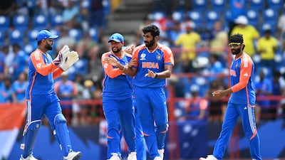 Jasprit Bumrah of India celebrates with teammates after dismissing Travis Head of Australia during their 24-run T20 Cricket World Cup Super Eight win at the Daren Sammy National Cricket Stadium in St Lucia on June 24, 2024. Getty Images