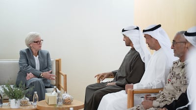 President Sheikh Mohamed meets Catherine Vautrin, Minister of the Armed Forces and Veterans. Abdulla Al Neyadi / UAE Presidential Court
