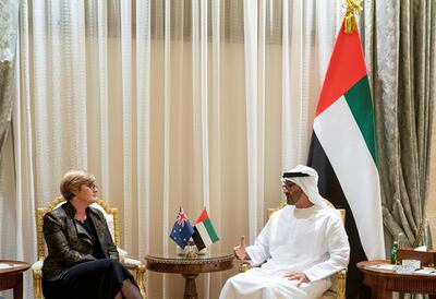 Sheikh Mohamed bin Zayed, Crown Prince of Abu Dhabi and Deputy Supreme Commander of the UAE Armed Forces, discusses opportunities for increasing co-operation between the UAE and Australia in the defence field with Linda Reynolds, Minister of Defence of Australia, at Al Shati Palace. Mohamed Al Hammadi / Ministry of Presidential Affairs