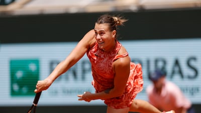 Aryna Sabalenka serves. AP