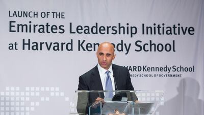 Yousef Al Otaiba, ambassador of the UAE to the United States, speaks at an event “Leadership in a Turbulent World." Nick Khazal / ELAM