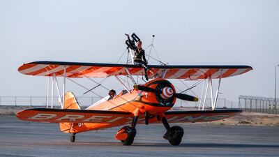 One of the walkwalkers arrives back on the ground after an impressive display. Victor Besa for The National