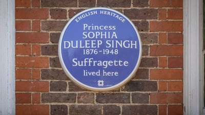 The blue plaque commemorating Princess Sophia Duleep Singh, daughter of the last ruler of the Sikh empire and suffragette, at Faraday House, Hampton Court, south-west London. PA
