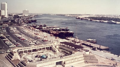 Dubai Creek in the 1980s from the Deira side. Sheraton Dubai Creek can be seen at the top left by the water while the Intercontinental (now Radisson Blu) can be seen on the left.