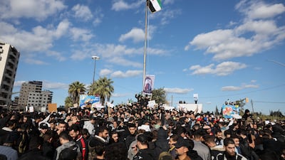 Protesters from the Alawite religious minority demonstrate two days after a bomb in an Alawite mosque in Homs killed eight people and wounded 18 during Friday prayers, in Latakia, Syria's coastal region, on December 28, 2025. AP