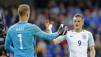 England’s Joe Hart and Jamie Vardy celebrate at the end of the match. Reuters / Darren Staples