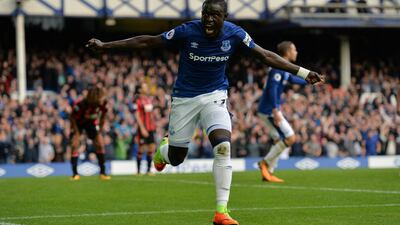 Everton's Oumar Niasse celebrates the second of his two goals against Bournemouth. Peter Powell / Reuters