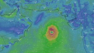 A chart from Windy.com shows the storm moving through the Arabian Sea towards Oman. Courtesy: Windy.com