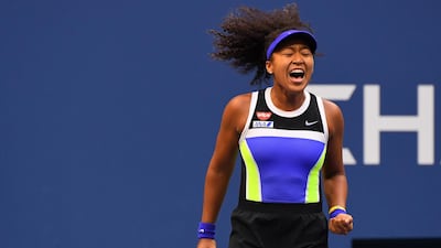Naomi Osaka celebrates during the third set of the US Open final against Victoria Azarenka. Reuters