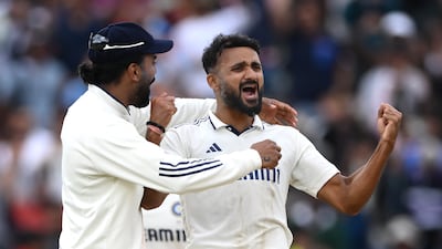 Akash Deep celebrates with KL Rahul after taking the final wicket of Brydon Carse. He finished with 10 wickets in the match as India won the Edgbaston Test. Getty Images