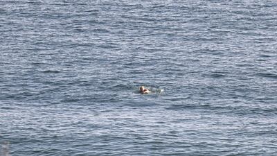 Britain's Prime Minister Boris Johnson swims at Carbis Bay, Cornwalll. AFP