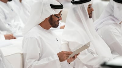 Sheikh Mohammed bin Zayed, Crown Prince of Abu Dhabi and Deputy Supreme Commander of the UAE Armed Forces (left), attends a lecture by Angela Duckworth, titled ‘True Grit: The Surprising, and Inspiring Science of Success’, at Majlis Mohamed bin Zayed. He is seen with Sheikh Fahim bin Sultan Al Qasimi (second left). Mohamed Al Hammadi / Crown Prince Court - Abu Dhabi