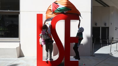 Pro Palestine students and protesters demonstrate outside the London School of Economics. Getty Images