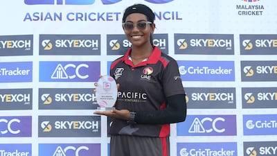 Indhuja Nandakumar was named player of the match for her spell of four for 10 against Malaysia at the ACC T20 Women's Championship in Kuala Lumpur. Photo: Malaysia Cricket Association