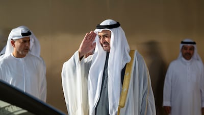 Sheikh Mohamed bids farewell to King Hamad as he leaves the airport. Abdulla Al Bedwawi / UAE Presidential Court