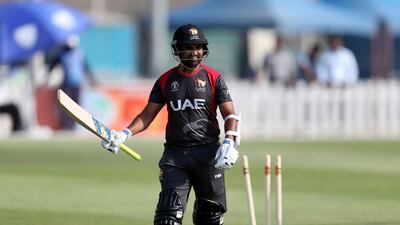 Shaiman Anwar of the UAE scores 41 in the match between the UAE and Australia.