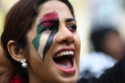 A woman shouts slogans during a protest in London in solidarity with Palestinians in Gaza on Saturday. Reuters.