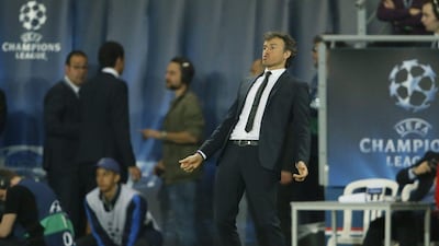 Barcelona manager Luis Enrique reacts during his team's 3-1 Champions League quarter-final first leg win over Paris Saint-Germain on Wednesday in Paris. Gonzalo Fuentes / Reuters / April 15, 2015