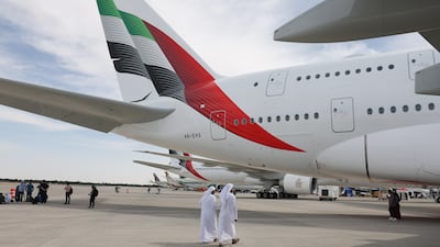 An Airbus A380-800 passenger plane, operated by Emirates, at the Dubai Airshow in 2023. Getty Images