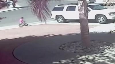 The video, which quickly spread on the internet, shows a young boy playing on a driveway in Bakersfield, when a dog lunges at his leg, grabs hold of it with his jaws and drags the boy off of the bike.
