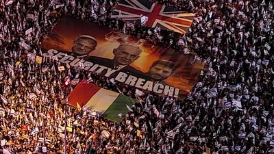 A banner depicts Israeli Prime Minister Benjamin Netanyahu, Security Minister Itamar Ben-Gvir and Finance Minister Bezalel Smotrich during a demonstration against the government's judicial overhaul in Tel Aviv. Reuters