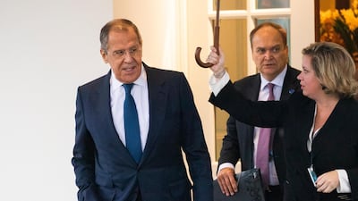 Sergey Lavrov leaves the White House following a meeting with President Donald Trump on Tuesday. AP