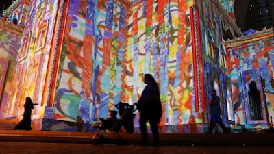 People at the Al Noor Masjid during the Sharjah Light Festival in Sharjah. Pawan Singh / The National