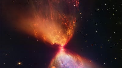 An undated image from Nasa's James Webb Space Telescope near-infrared camera shows the Protostar within the dark cloud L1527 with ejections from the star above and below appearing orange and blue in infrared view. Photo: Nasa